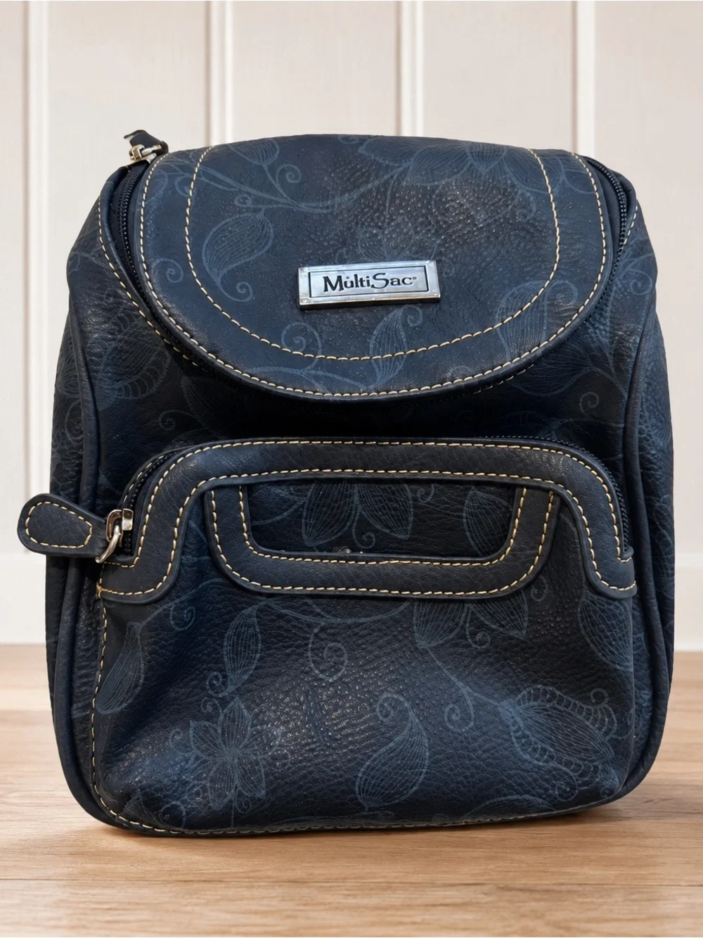 MultiSac Floral Mini Backpack Purse Navy Blue Faux Leather Convertible Bag U35